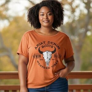 Ariat Bison Skull T-Shirt Womens Size XXL Burnt Orange Short Sleeve Rounded Neck